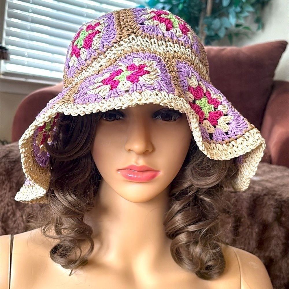 Brand New BCBGeneration Straw Woven Hat Crochet Patchwork Floral Floppy Beach - Picture 15 of 15